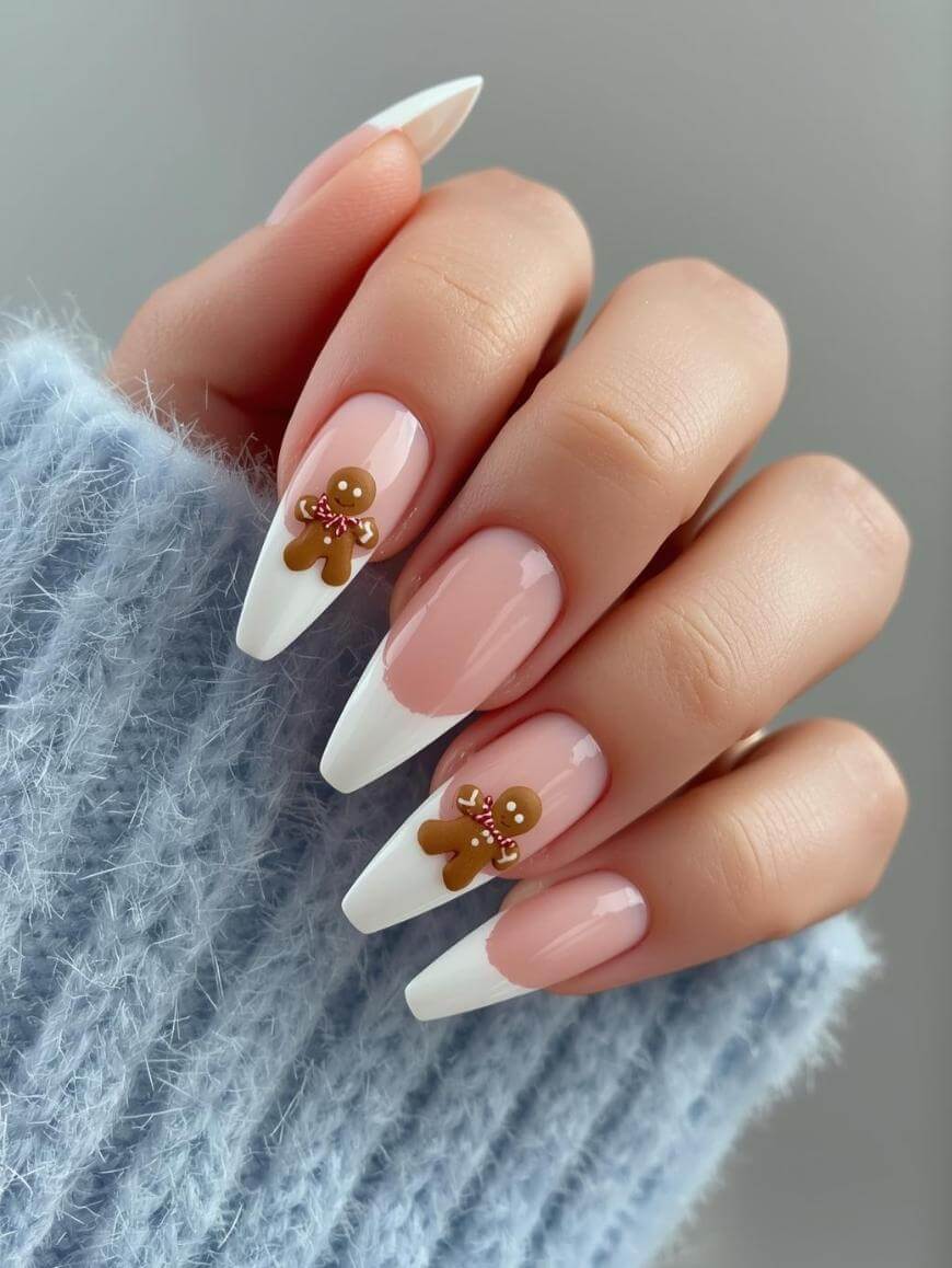 Gingerbread Man Nail Art on a Warm Neutral Base neutral Christmas nail design
