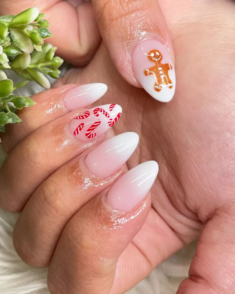 Gingerbread Plaid and Icing Drip Coffin Nails gingerbread nail manicure