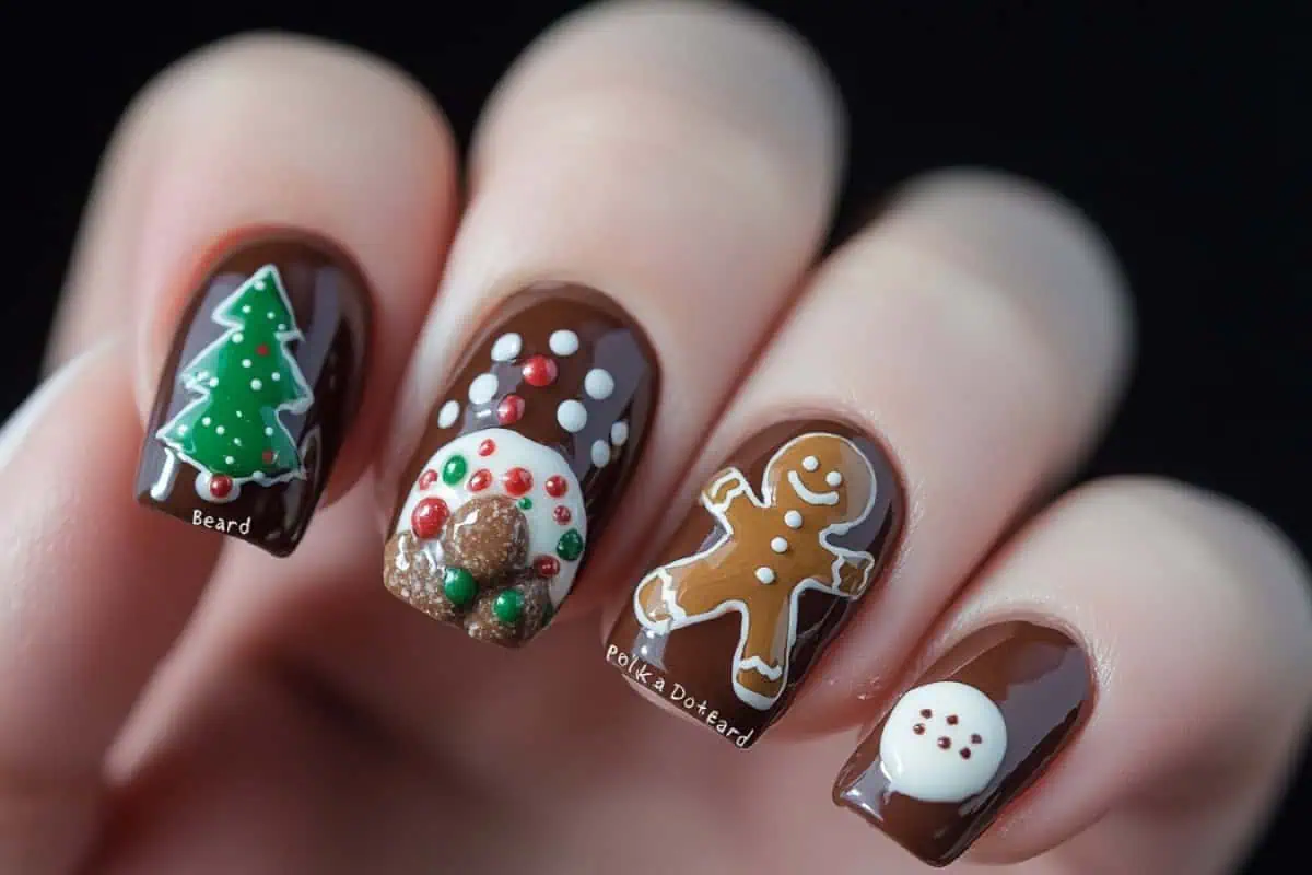 Green Sparkle Gingerbread and Candy Cane Almond Nails gingerbread nail manicure