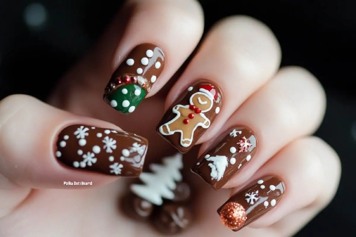 Gingerbread French Tip Coffin Nails With Knit Texture gingerbread nail manicure