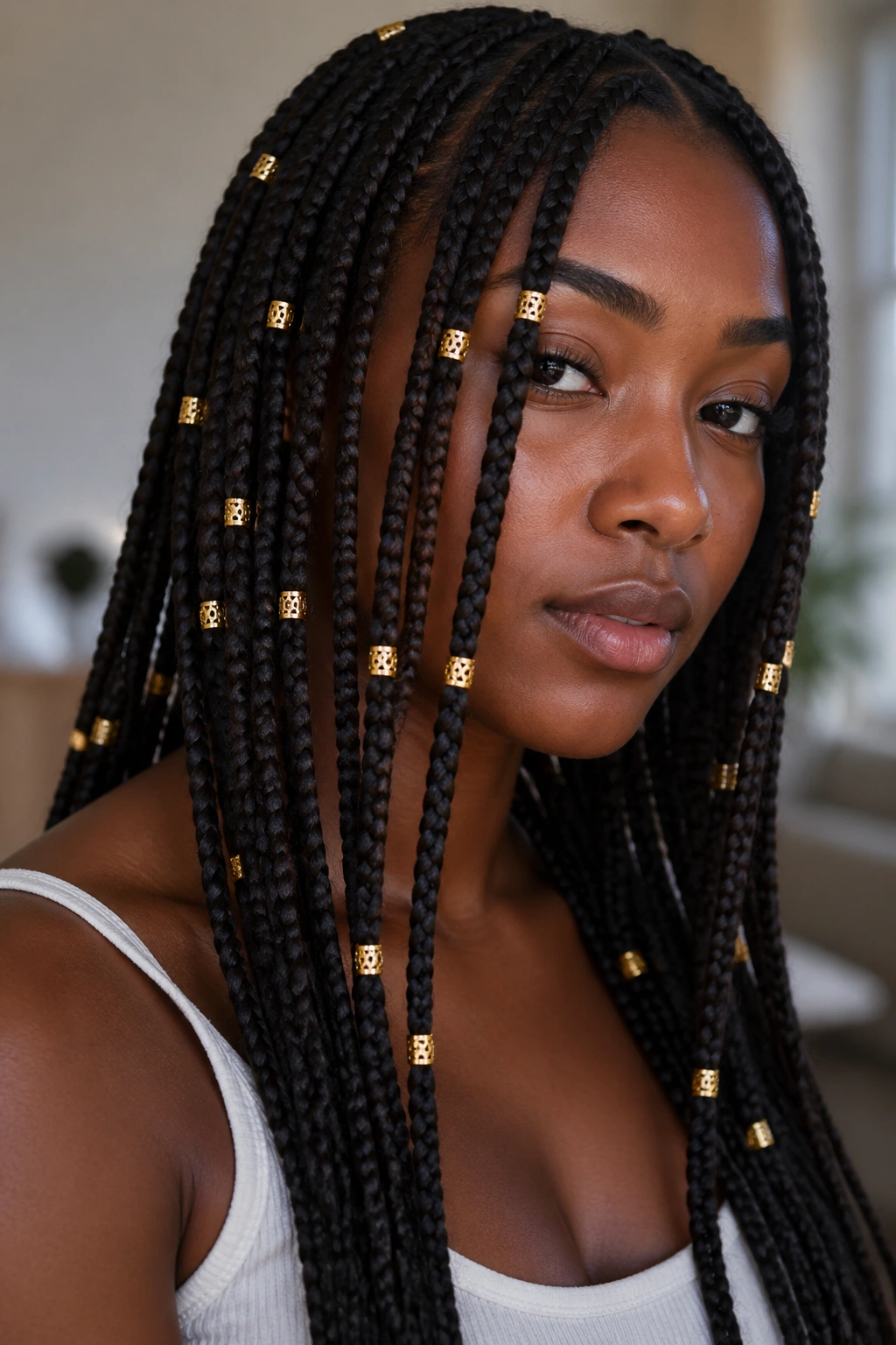 Box Braids Threaded With Gold Beads holiday hairstyle