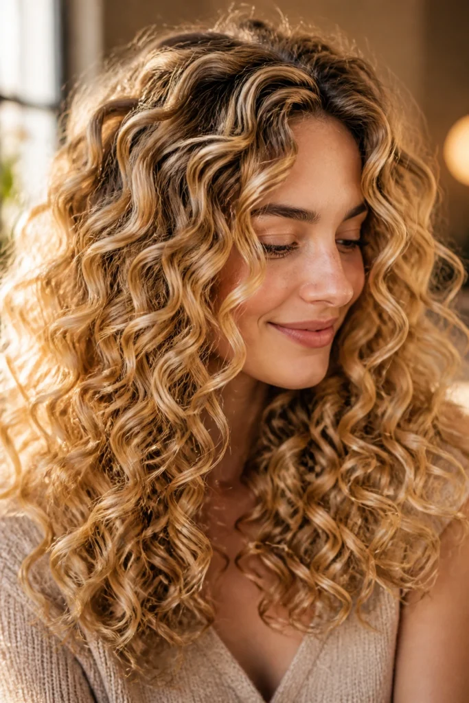 Golden blonde highlights in voluminous curly hair