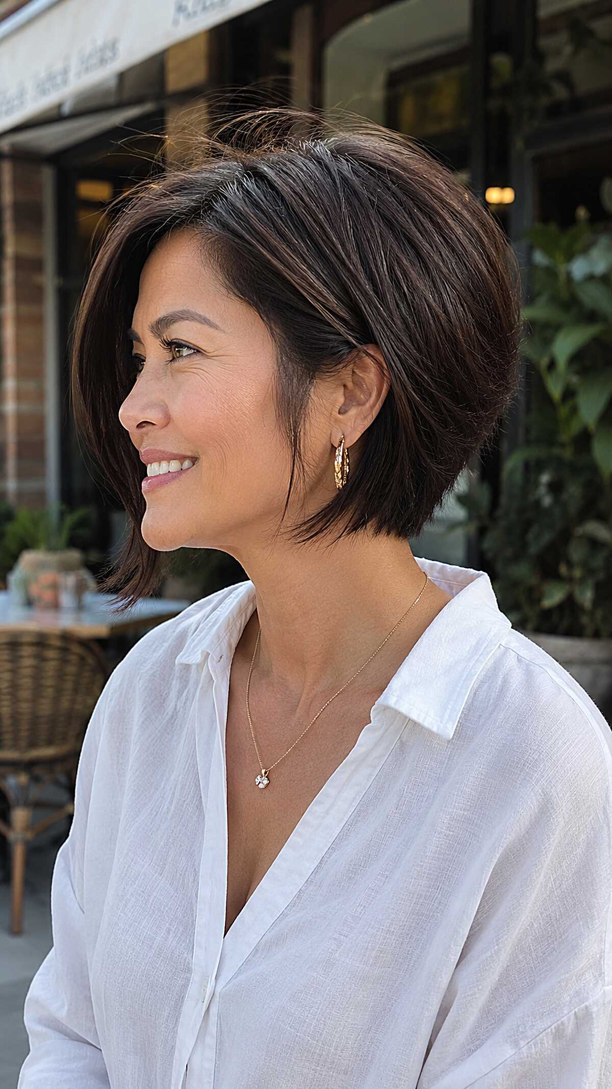 Graduated dark chocolate bob with a feathered nape