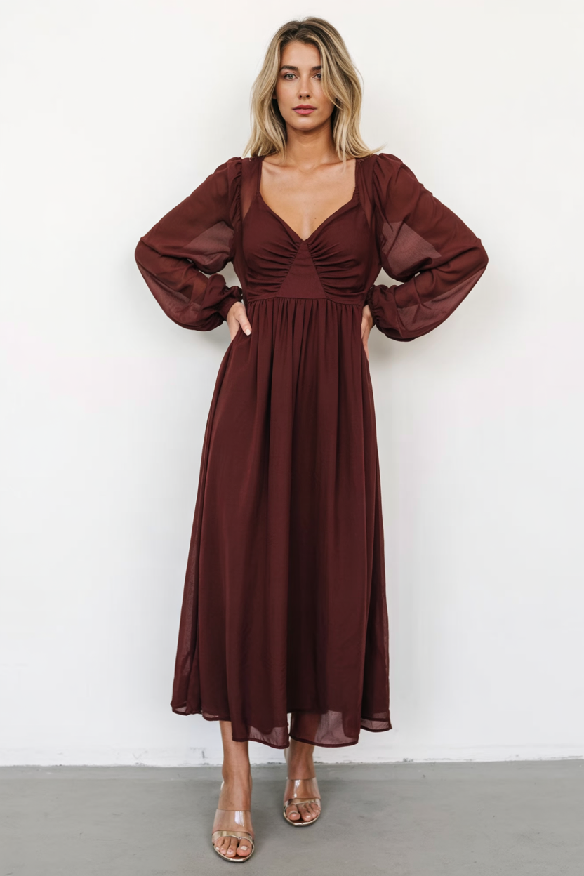 Wine-toned chiffon midi dress formal outfit