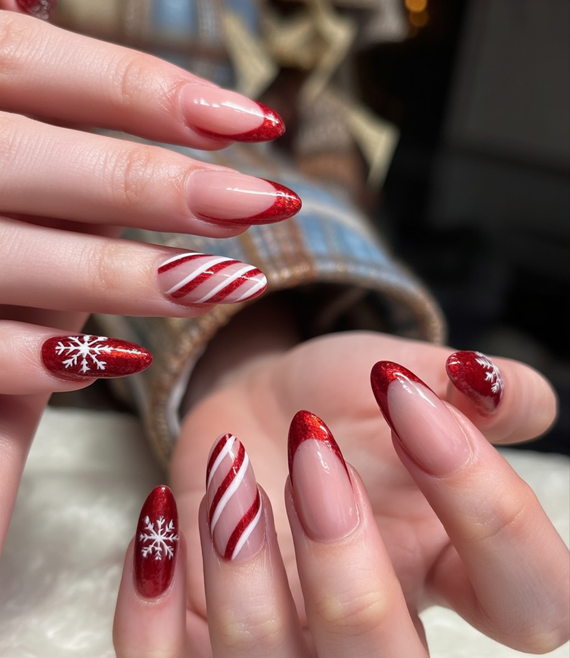 Red French Tips with Candy Cane and Snowflake Details classy Christmas nail manicure