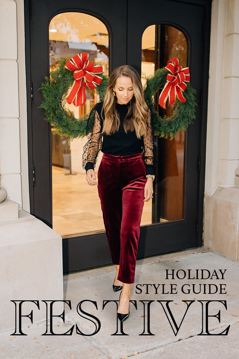 Velvet trousers with a sheer-sleeve dressy top church outfit