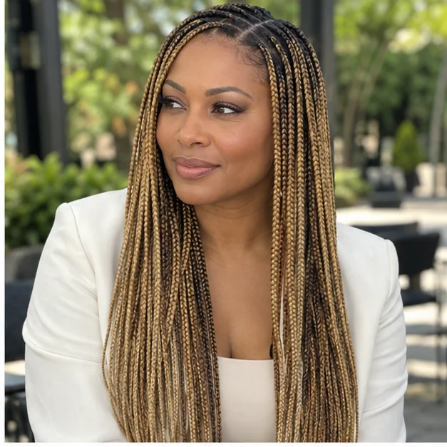 Honey-blonde knotless braids emerging from deeper brown roots