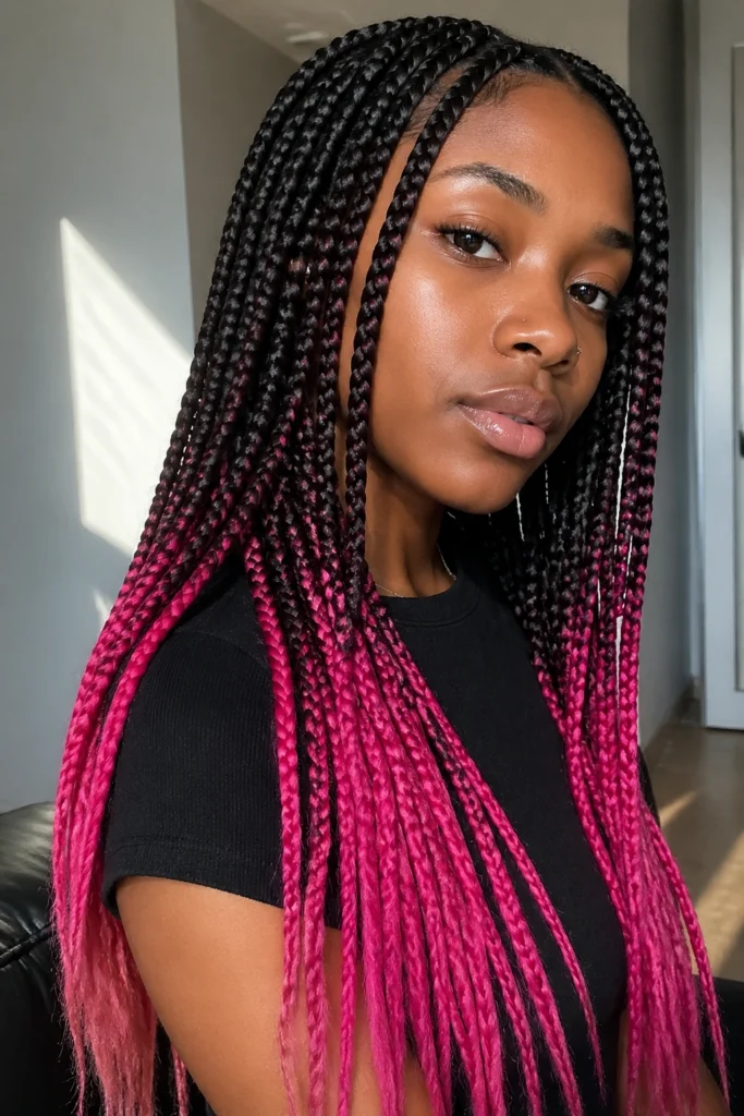 Dark box braids with hot pink ends