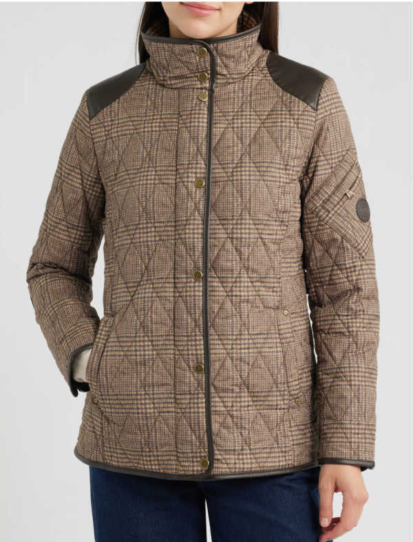 Houndstooth quilted barn jacket with leather trim
