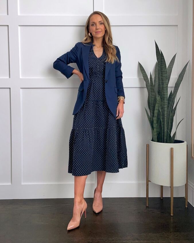 Textured Gray Blazer Layered Over a Midi Dress blazer outfit