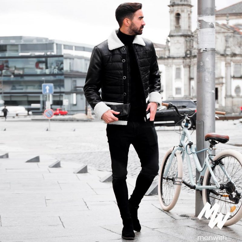 Black Leather Shearling Jacket for Winter Travel men's winter outfit