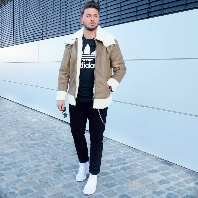 Shearling Coat With Black Trousers men's winter outfit