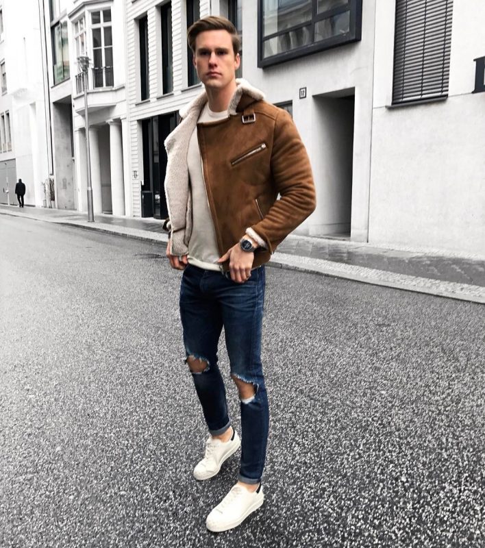 Suede Shearling Jacket With Sturdy Boots men's winter outfit