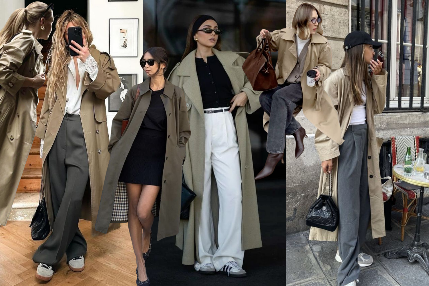 Camel trench coat worn over a knit top for an evening out