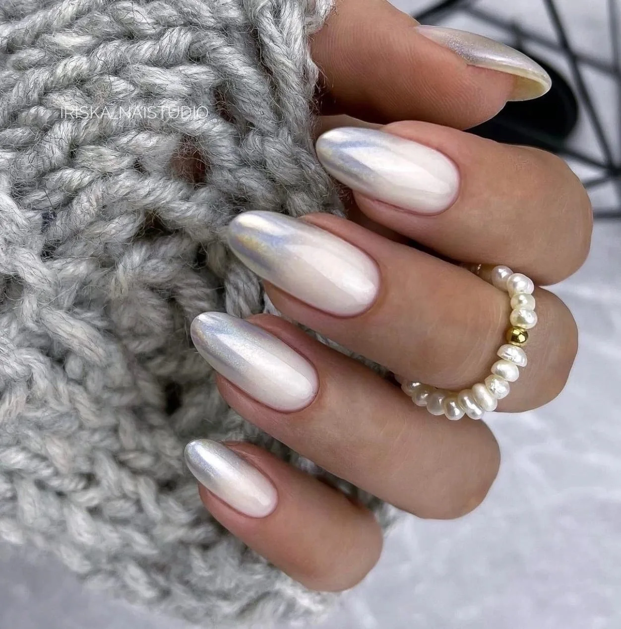 Pearl White Iridescent winter nail manicure