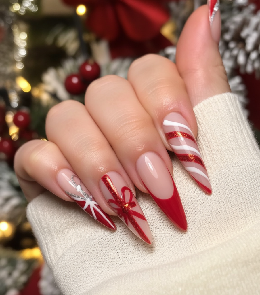 Nude Almond Nails with Red Bow and Candy Swirl classy Christmas nail manicure