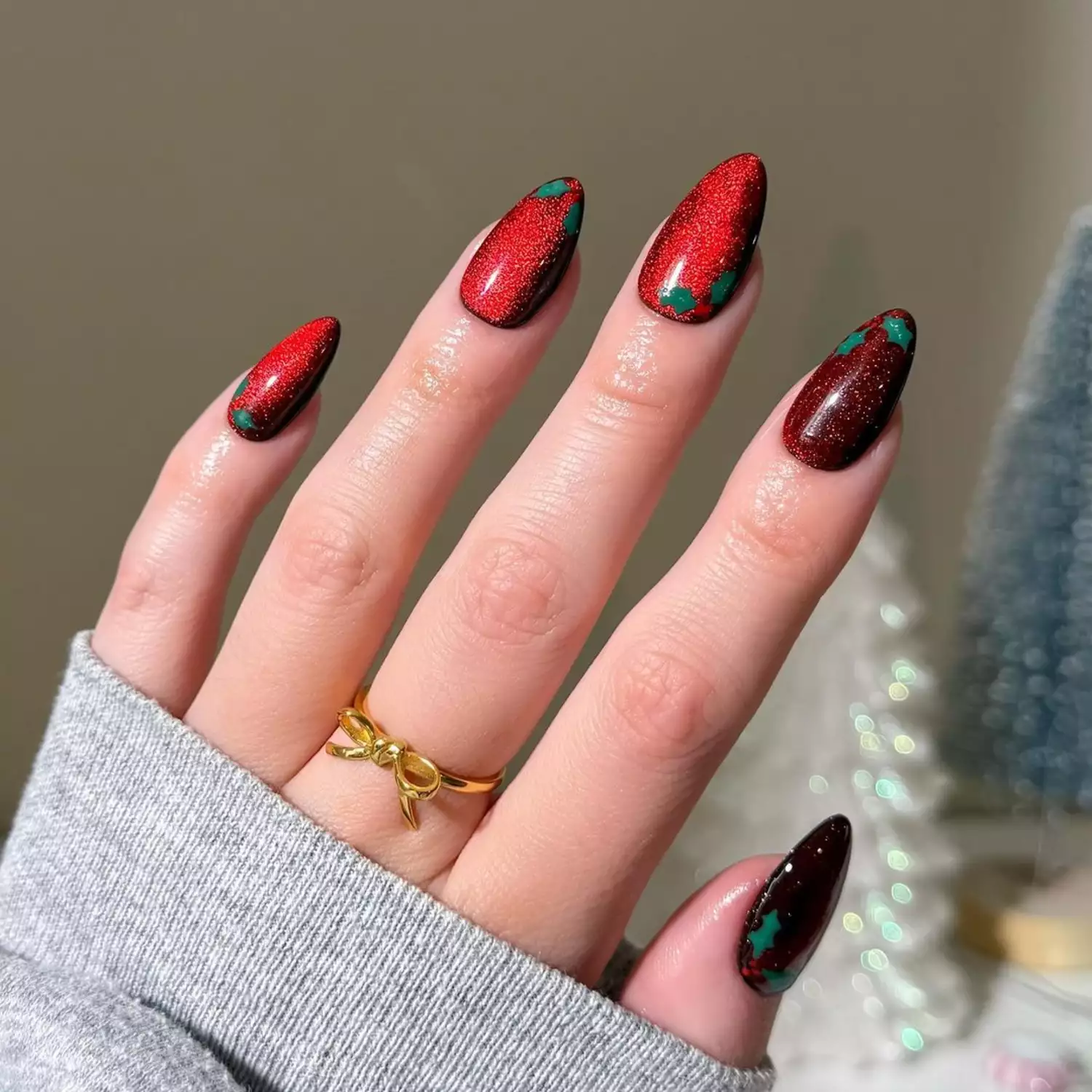 Red Velvet Swirls With a Candy Cane Twist almond Christmas nail manicure