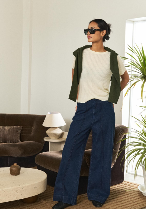 Cream Knit Top with Dark Wide-Leg Trousers casual church outfit