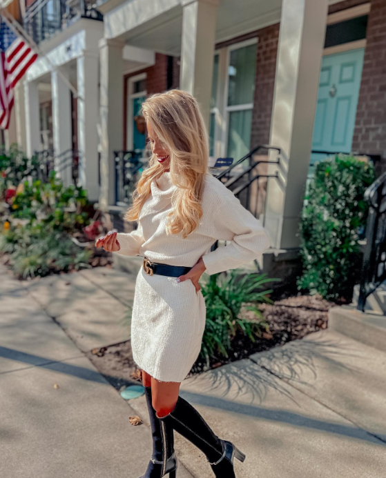 Knit Dress with a Belt and Boots casual church outfit