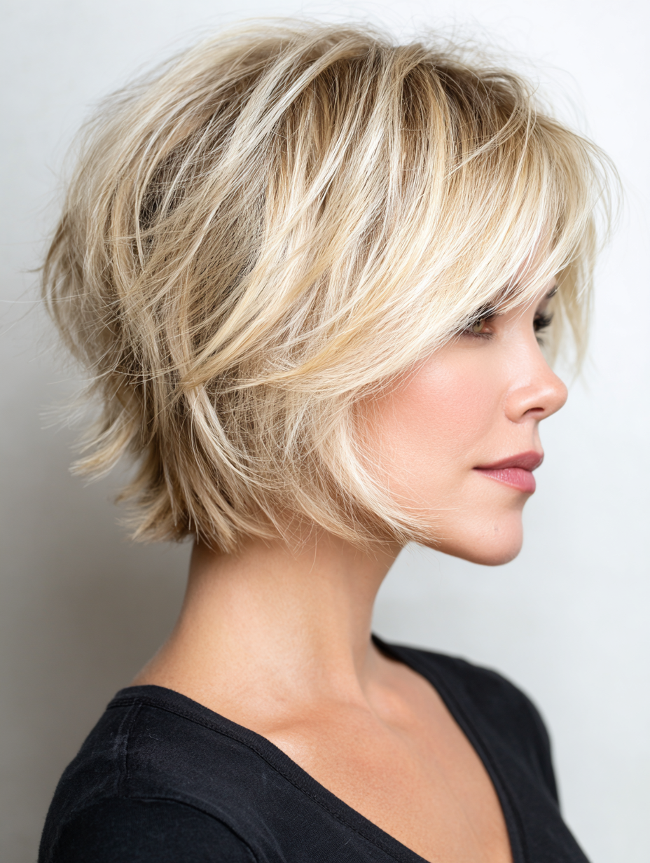 Woman with a choppy midi bob haircut with undone texture