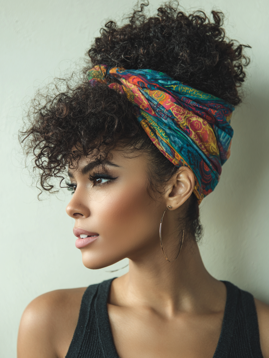 Bandana turban wrap on curly hair