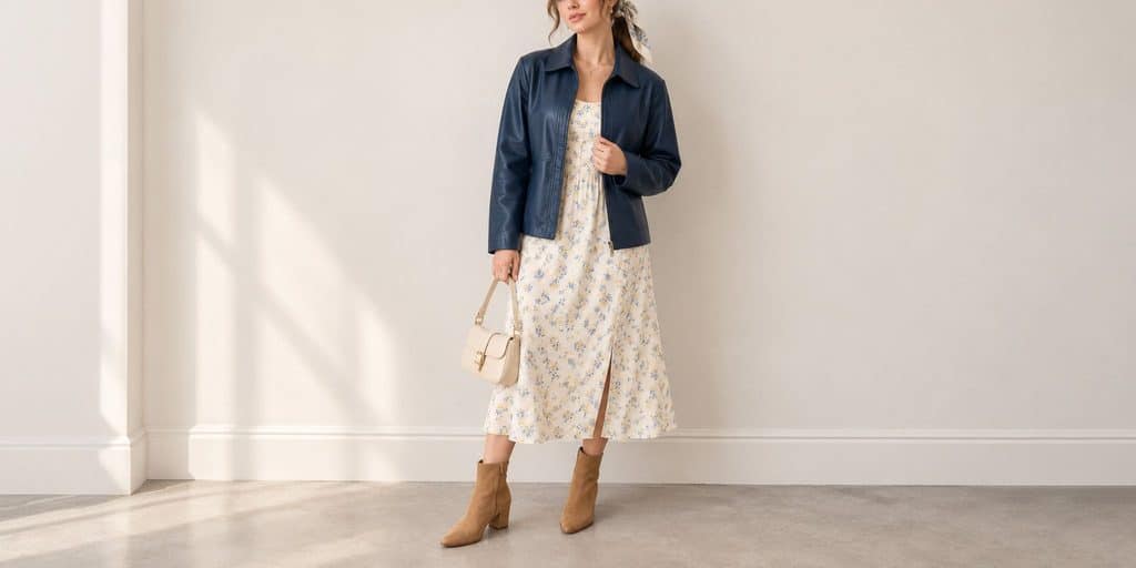 Navy leather jacket worn over a cream floral midi dress with tan ankle boots