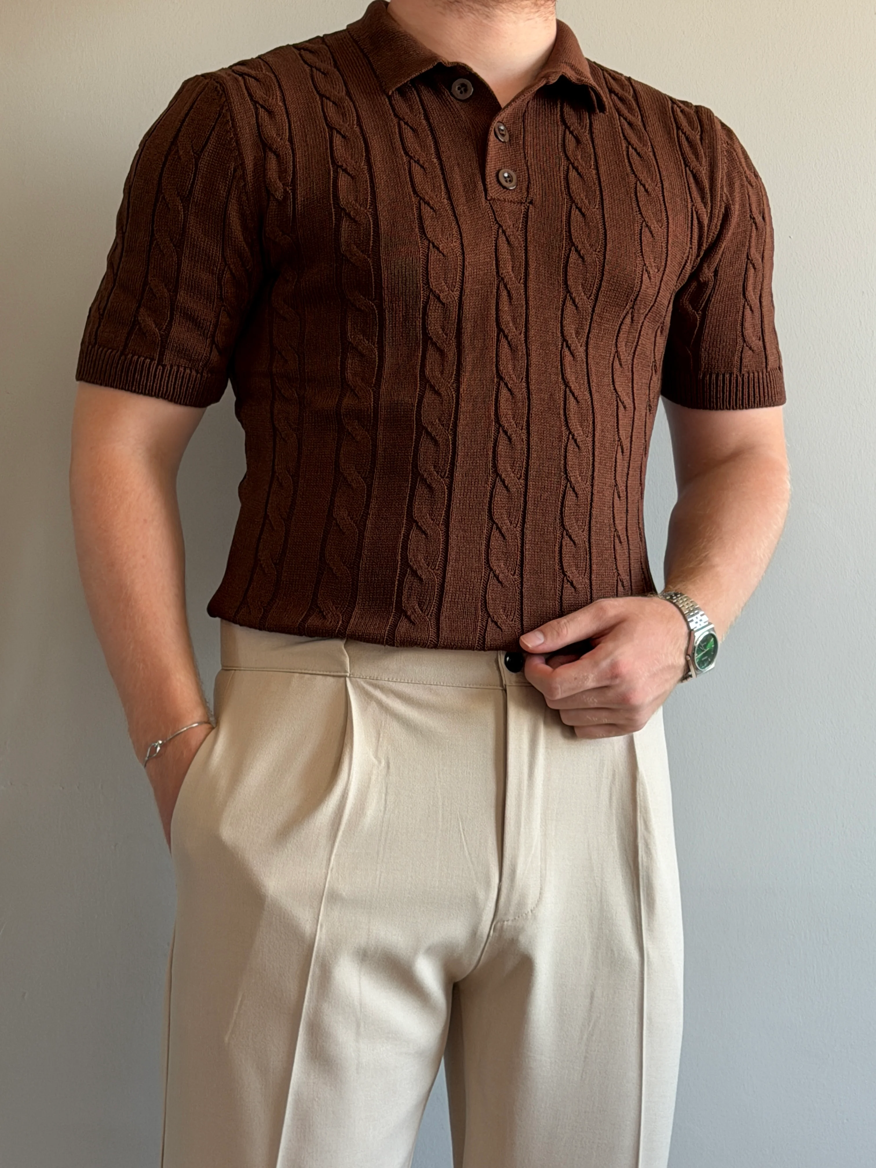 Brown Cable-Knit Polo With Cream Wide-Leg Trousers men's winter outfit