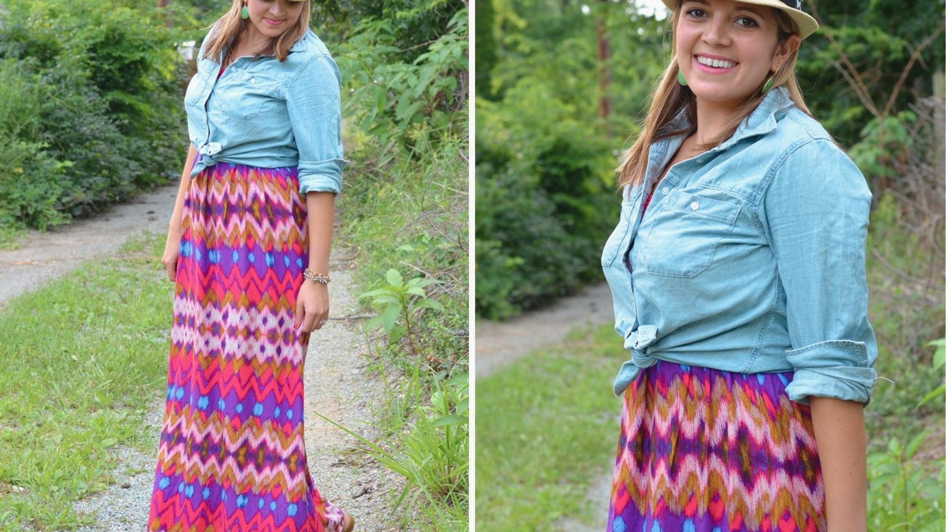 Tied chambray shirt over a colourful zigzag maxi skirt with a straw fedora