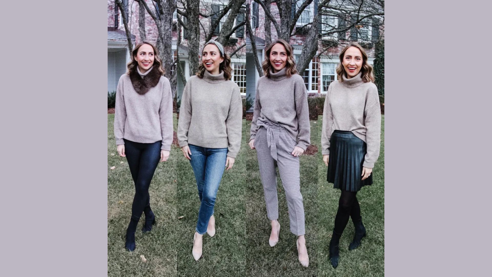 Taupe turtleneck styled with leggings, jeans, trousers and a pleated skirt