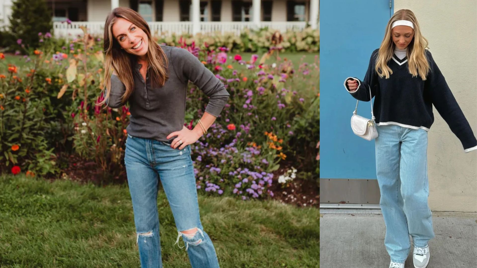 Two takes on mom jeans with a grey henley and an oversized navy sweater
