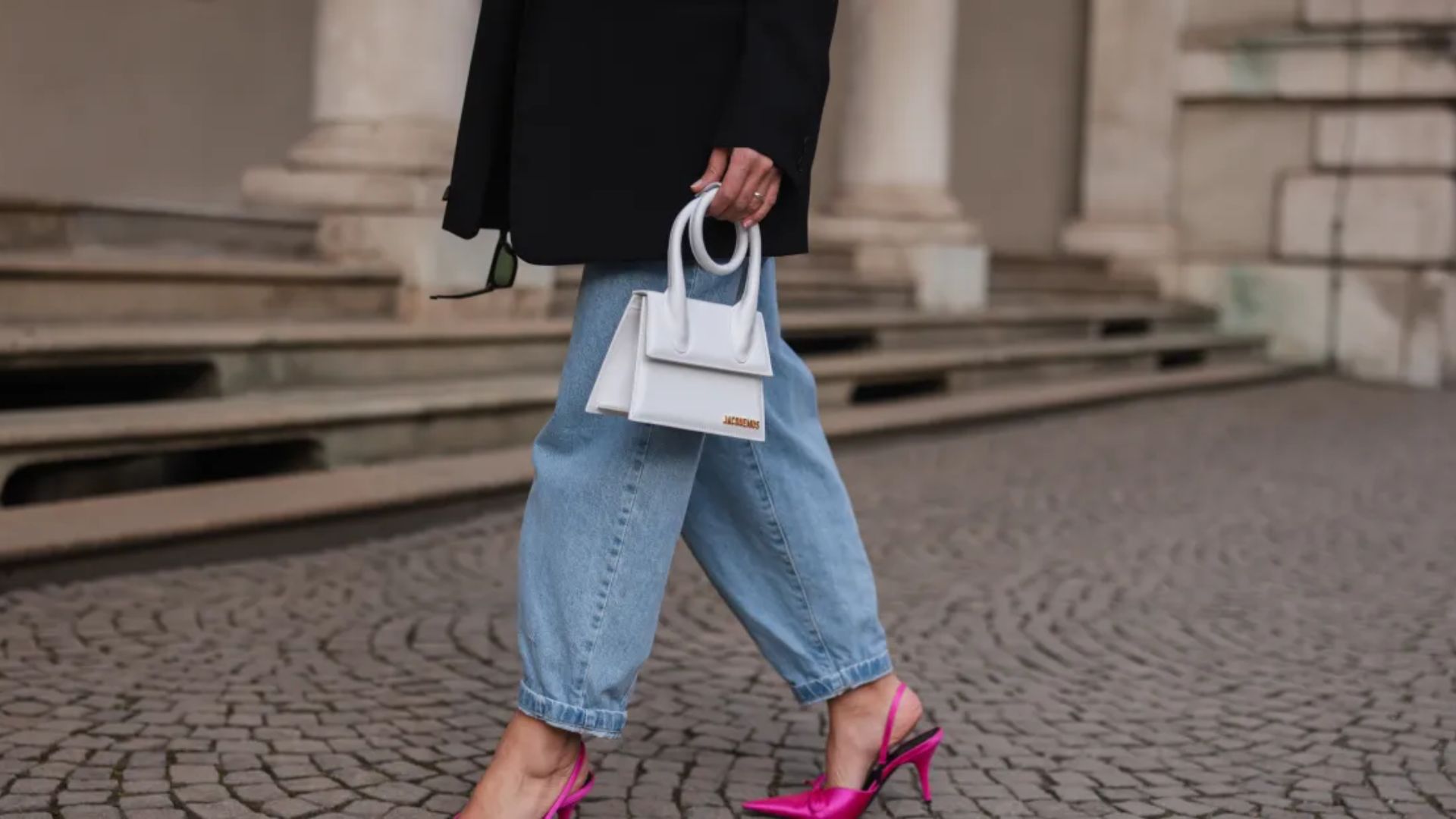 Cuffed mom jeans with a black blazer, hot pink slingback heels and a white mini handbag
