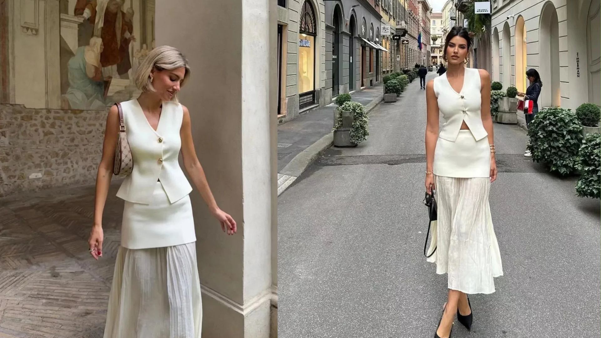 White sleeveless knit vests layered over pleated maxi skirts