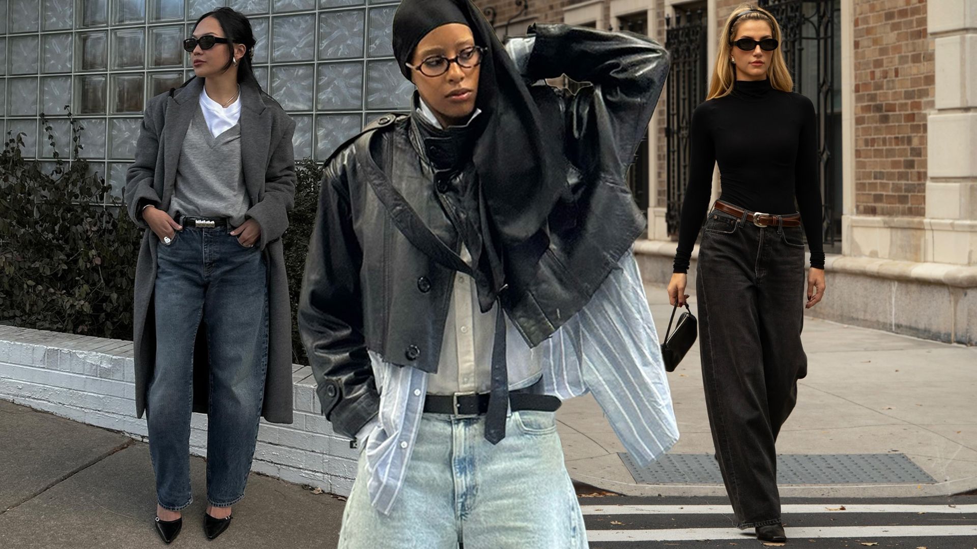 Layered outfits with oversized blazers, leather jackets and turtlenecks with jeans