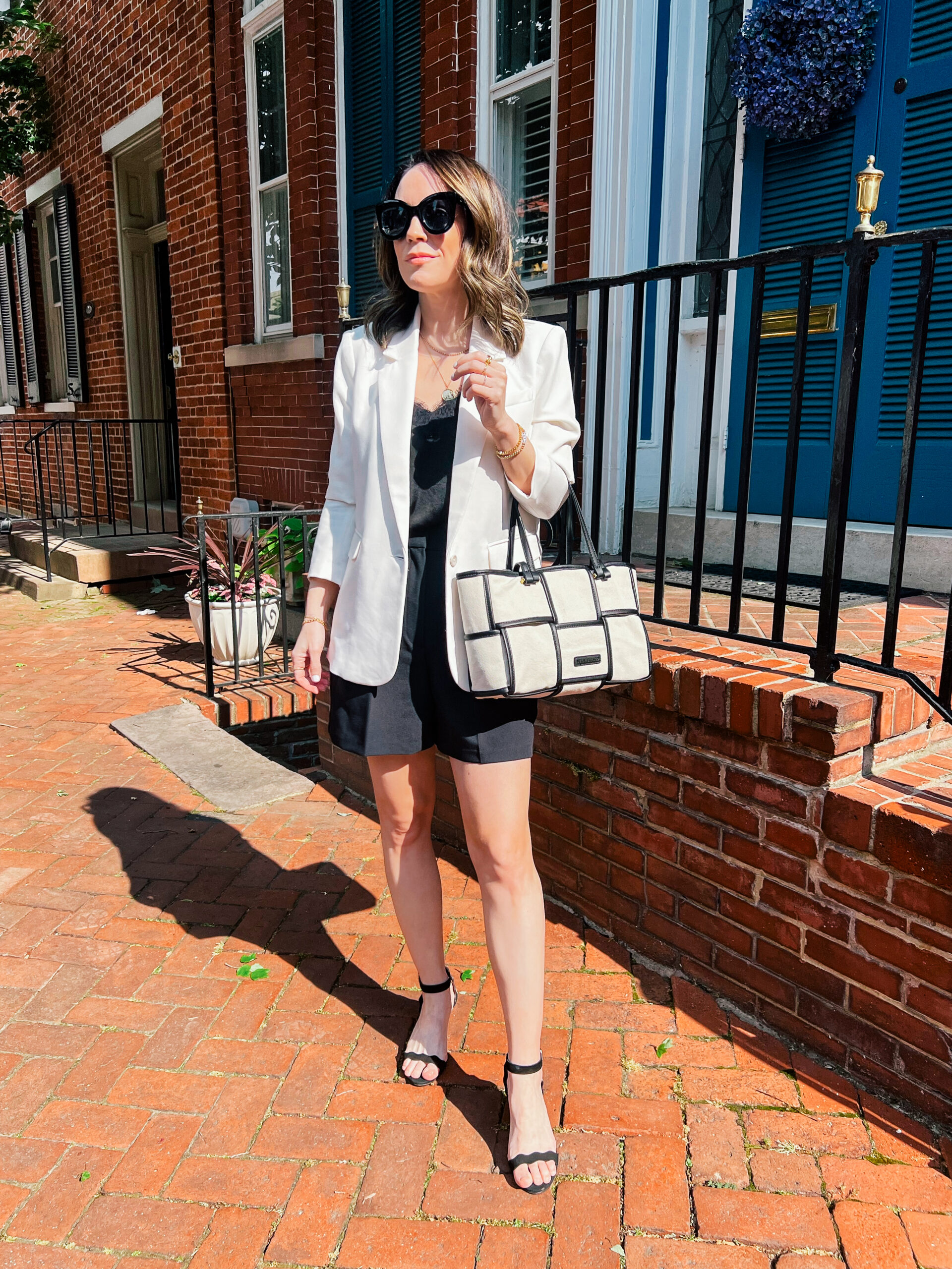 A burgundy blazer with faux leather shorts chic style outfit