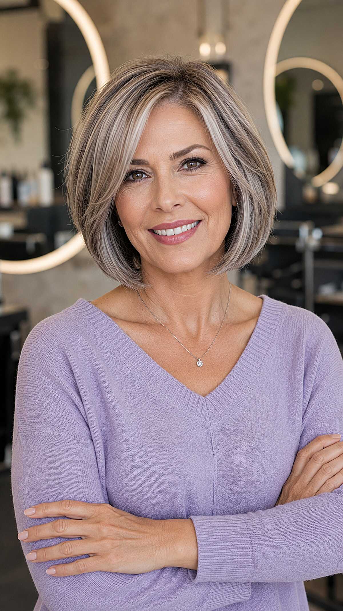 Jaw-length layered bob with cool silver-blonde balayage
