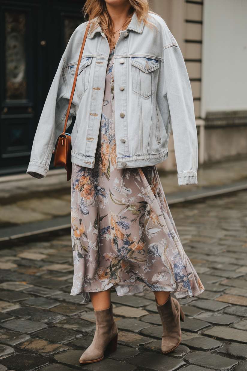 Denim jacket layered over a floral midi dress