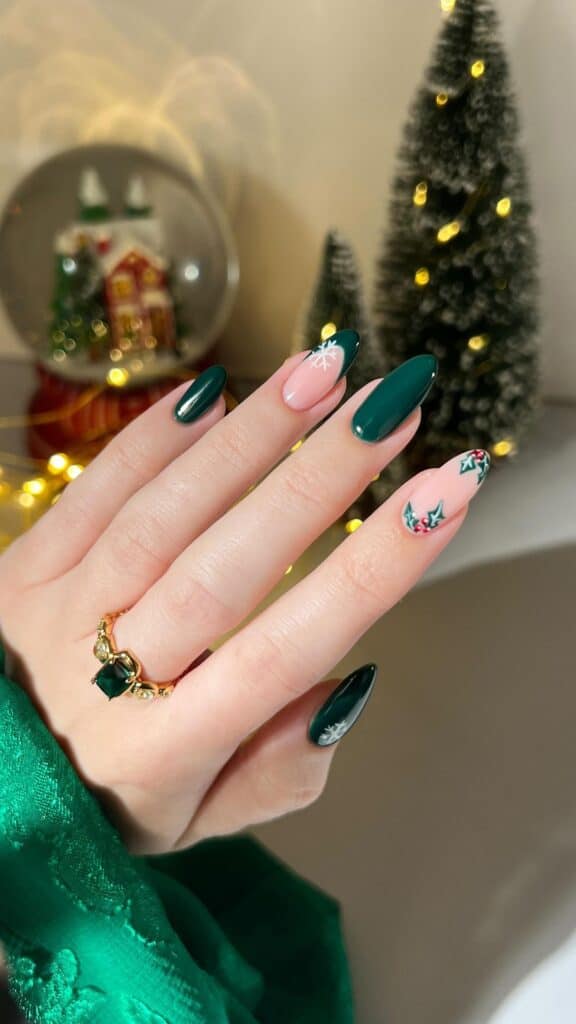 Emerald Almond Nails With Holly and Snowflake Accents festive Christmas nail art