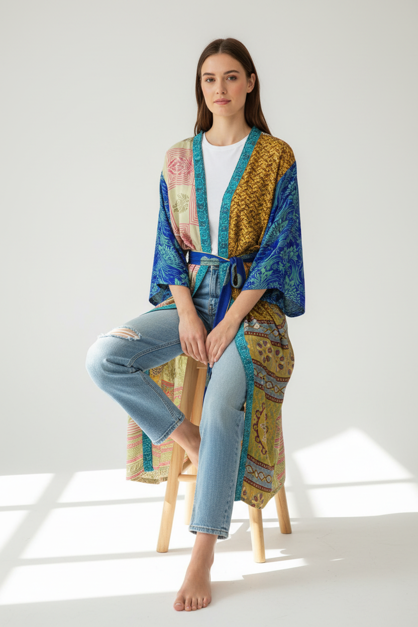 Long Printed Kimono Worn Open Over Jeans Japan outfit