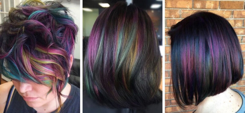 Oil slick black hair with rainbow sheen