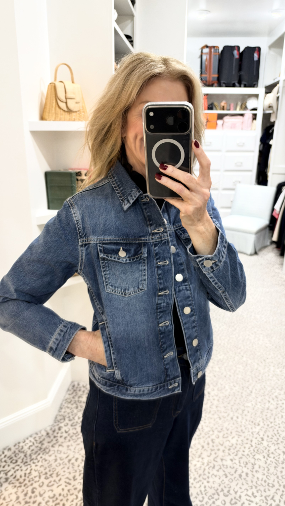 Classic Denim Jacket with Denim Trousers and a Ruffle Top Denim jacket worn with denim trousers and a ruffle-neck top