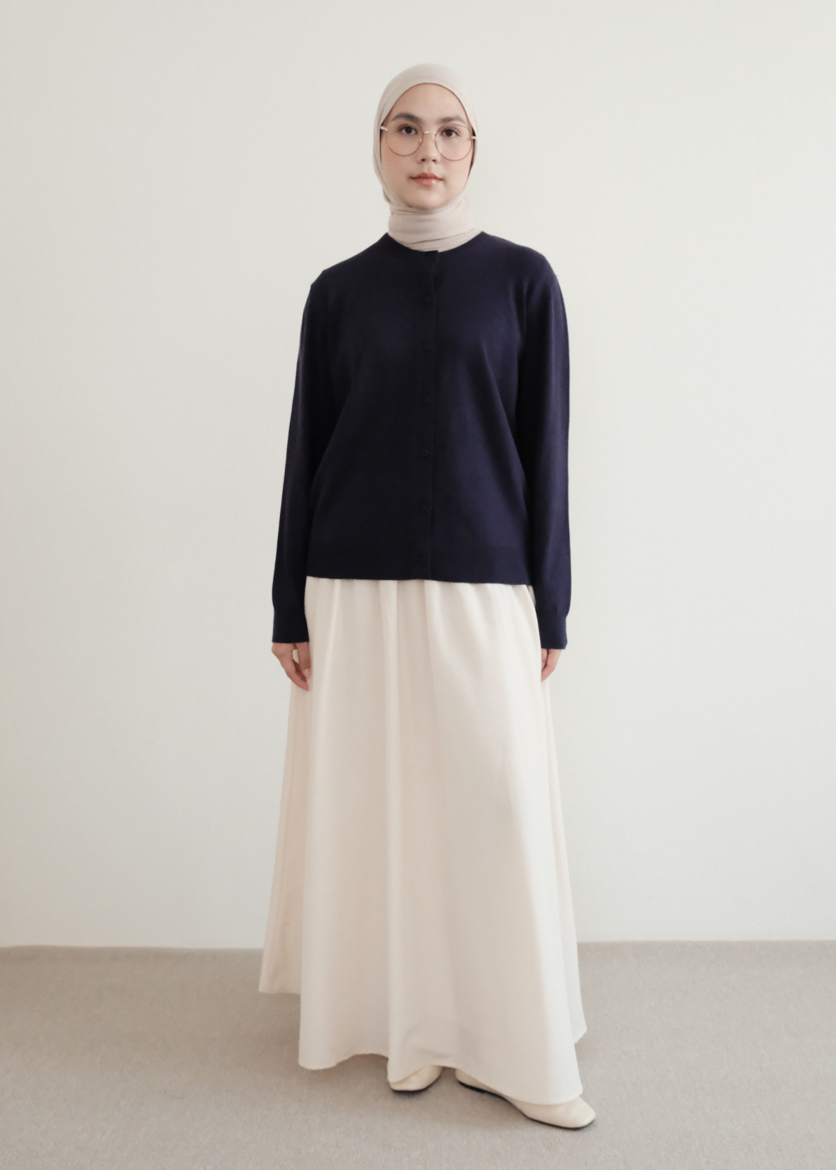 Oxford Blue Cardigan Layered Over a Long Dress modest outfit