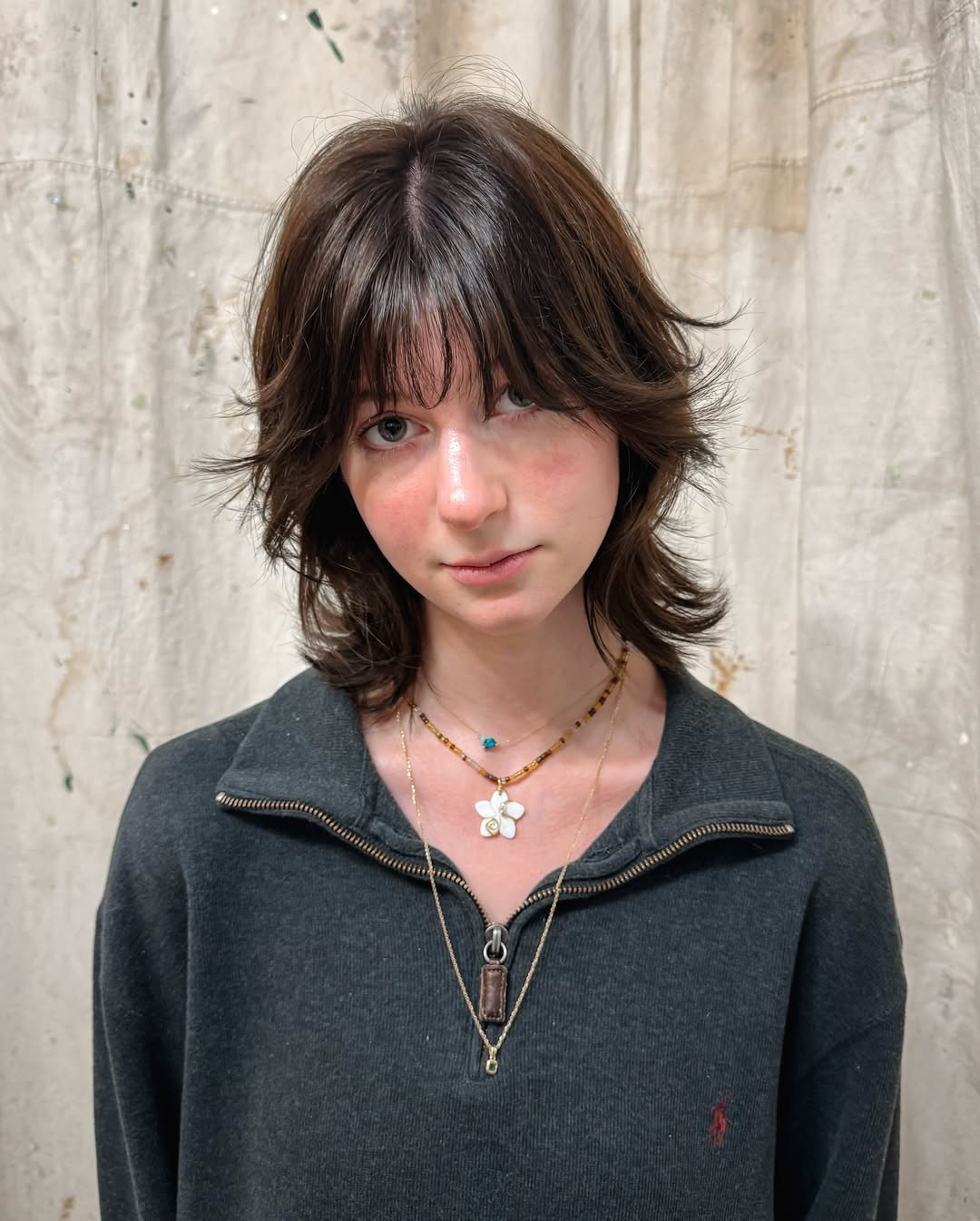 Layered Espresso Wolf Cut with Airy Bangs wolf cut hair