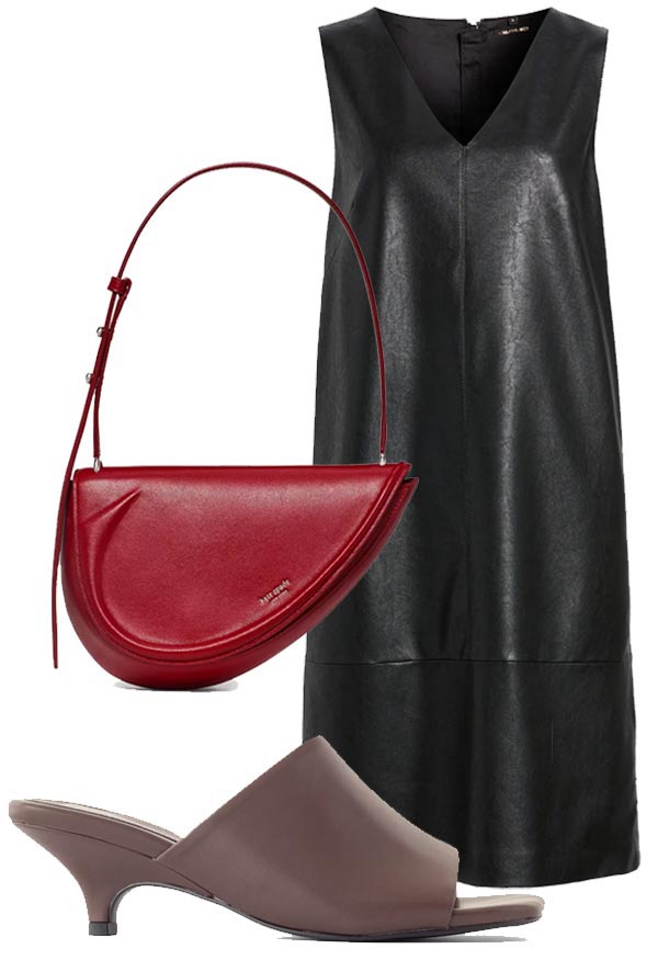 Minimal faux-leather shift dress worn with neutral mid-heel mules
