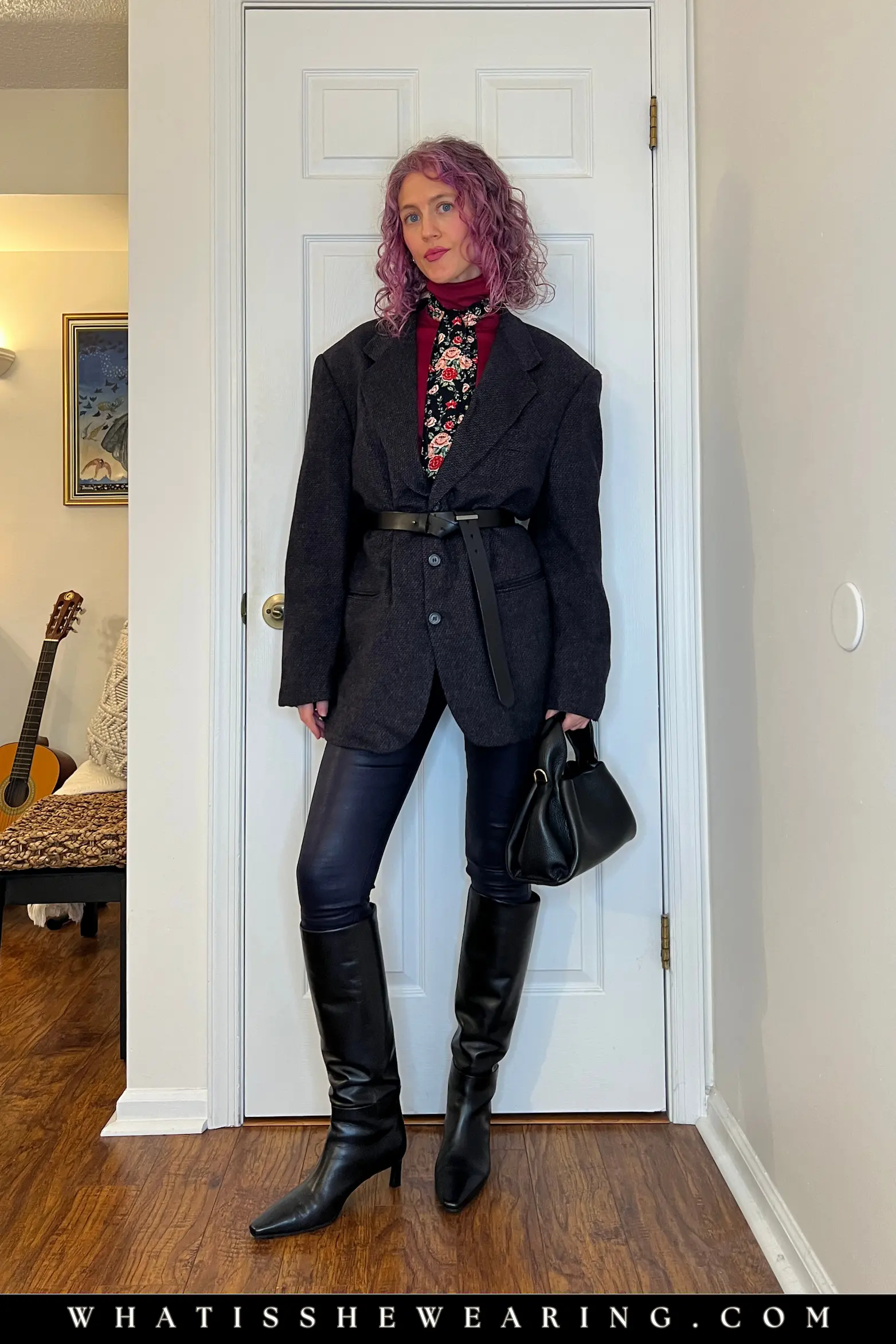 Belted blazer and turtleneck with leather leggings
