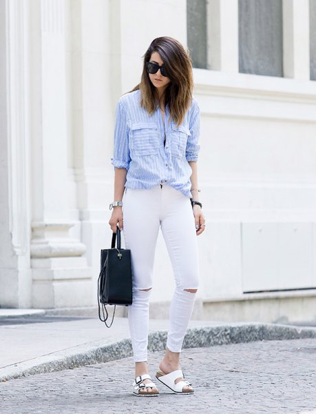 Light blue and white striped button-up shirt with ripped jeans blue top outfit