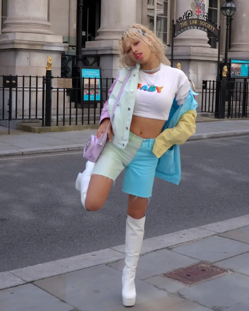 Colourblock denim jacket with white platform knee-high boots