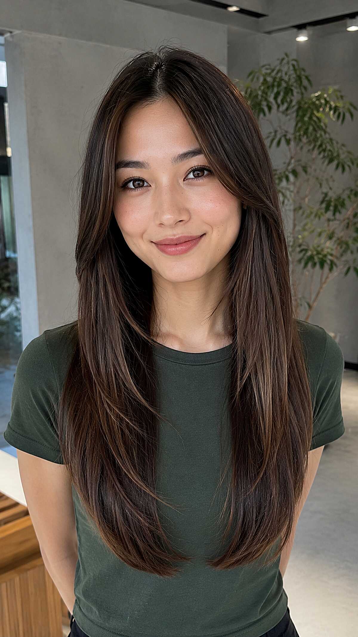 Warm face-framing pieces on long straight brown hair highlights