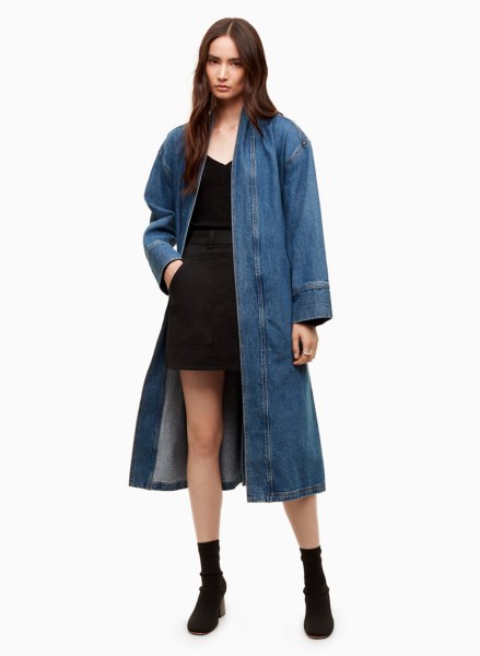 Longline Denim Blazer with a Black Mini Dress jacket outfit