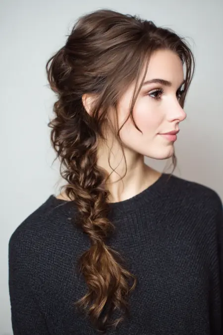 Loose messy side braid with soft pieces around the face braided style