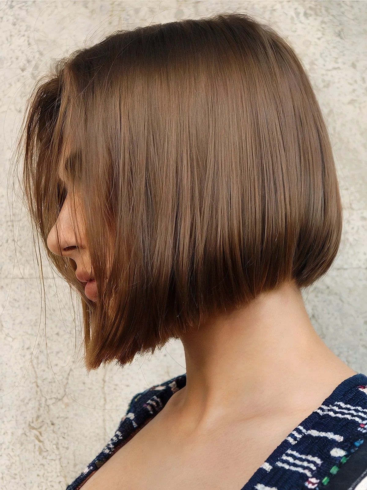 Low-maintenance brunette bob haircut with wispy front layers